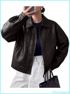 Faux Leather Oversized Motorcycle Jacket Zip Up Fall Outfit
